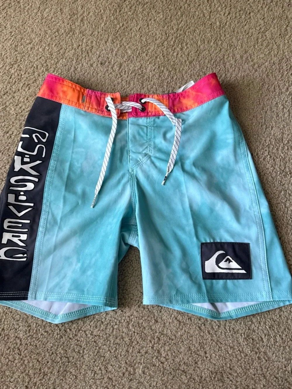 Quiksilver Boys' Turquoise Swim Trunks with Coral-Orange Waistband